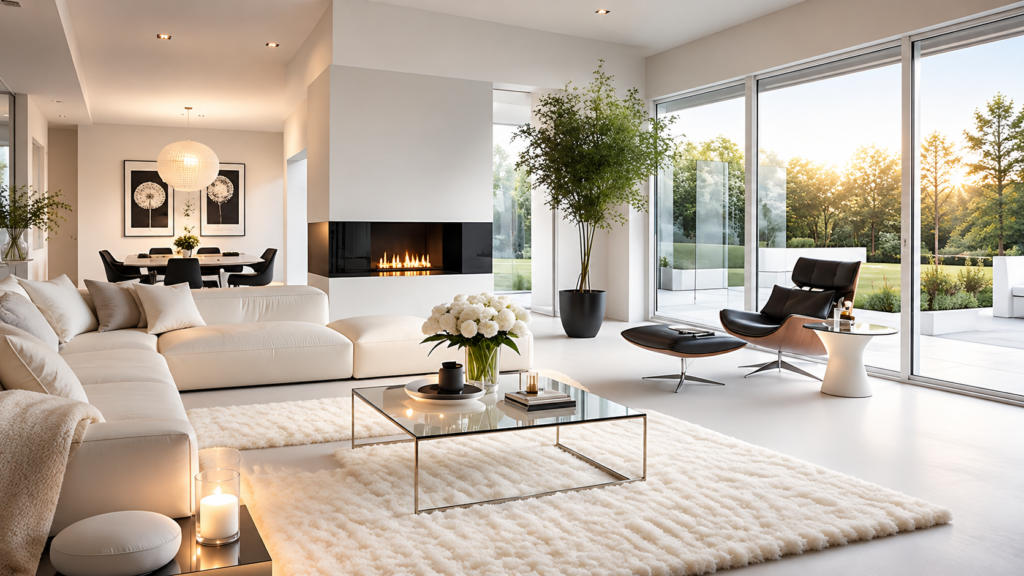 Living room with large windows and a fireplace